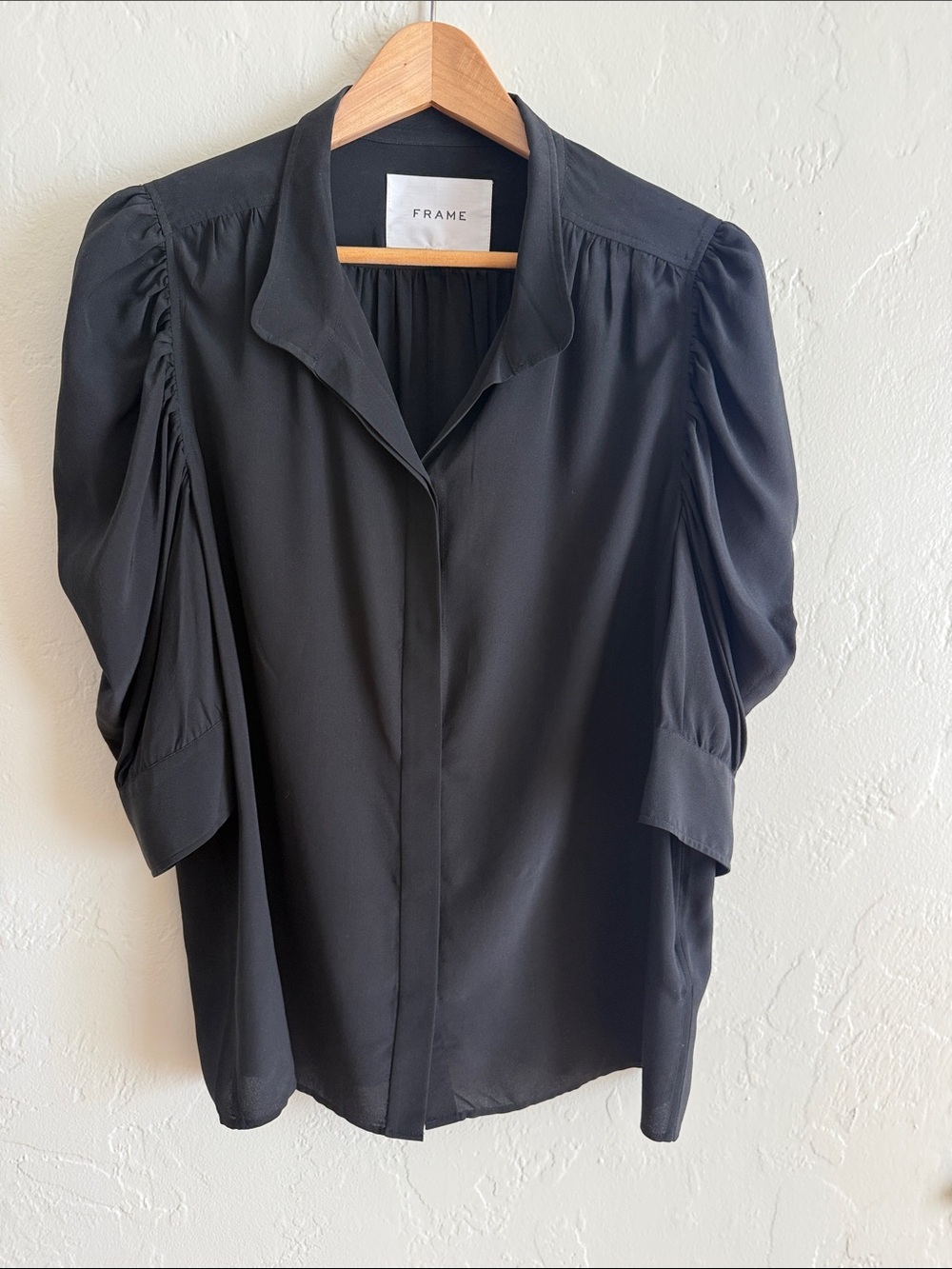 FRAME Gillian Silk Black Button-Down Puff Sleeve Button Up Shirt